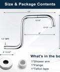 Diagram showing 13 Inch Shower Head Extension Arm With Flange S Shaped High Rise Extender Long Stainless Steel Rainfall Pipe Arm Chrome Finish