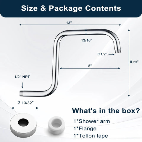 Diagram showing 13 Inch Shower Head Extension Arm With Flange S Shaped High Rise Extender Long Stainless Steel Rainfall Pipe Arm Chrome Finish