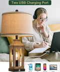 Cozy Farmhouse Style Table Lamp With Dual USB Ports And Night Light 3 Way Dimmable Touch Control next to woman on couch