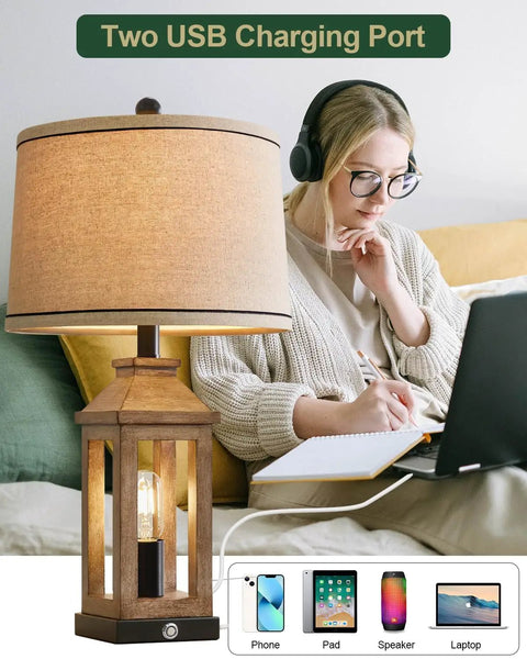Cozy Farmhouse Style Table Lamp With Dual USB Ports And Night Light 3 Way Dimmable Touch Control next to woman on couch