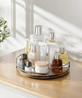 Two Pack 9 Inch And 10 Inch Wooden Lazy Susan Turntables For Tabletop Cabinet Kitchen Pantry And Vanity, Grab And Go Space Saving Spinning Organizer For Spices And Snacks, Smooth Rotating Wood Shelf Decor on a vanity with toiletries
