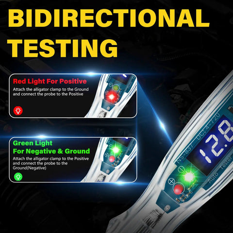 Upgraded Automotive Buzzer Test Light 4-72V DC Circuit Tester With Anti-Lost Needle Guard, Integrated Protection, Portable LED Indicator, Easy Carry Vehicle Electrical Diagnostic Tool showing bidirectional testing LED polarity