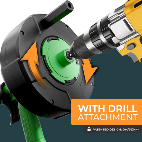 Close-up of Snake Drain Auger For DIY Plumbing, 16 Ft Flexible Drain Snake Spiral with drill attachment in use for home repairs.