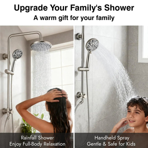 Retrofit Rain Shower System With 8 Inch Rainfall Shower Head, 5-Setting Handheld Spray, wall mount, brushed nickel finish