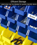 Close-up of blue and yellow bins on Six Tier Rolling Bin Storage Rack With Sixty Color Coded Bins On Smooth Wheels Dual Sided Parts Organizer
