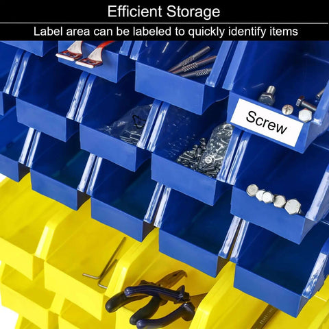 Close-up of blue and yellow bins on Six Tier Rolling Bin Storage Rack With Sixty Color Coded Bins On Smooth Wheels Dual Sided Parts Organizer