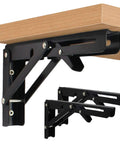 Heavy Duty Folding Shelf Brackets 16 Inch Collapsible Wall Mount Triangle Hinges supporting a wooden shelf with a black steel frame.