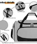 Product details of Built Tough 55L Duffle Bag For Men Large Gym Duffel For Workout Sports And Travel Gear Gray With Wide Opening Multi Pocket Organization Comfortable Shoulder Strap Easy Access And Rugged Water Resistant Construction showing zippers, handle, and fabric texture.