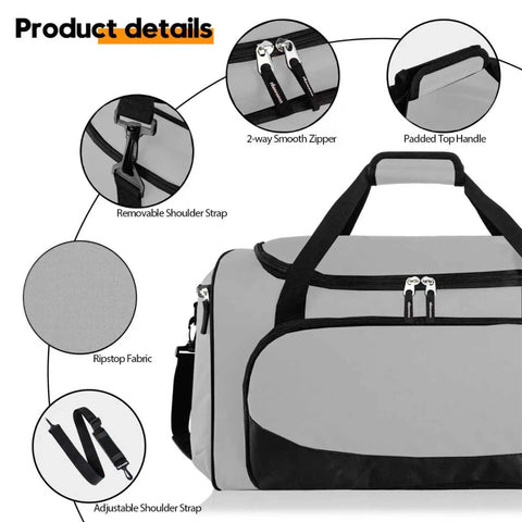 Product details of Built Tough 55L Duffle Bag For Men Large Gym Duffel For Workout Sports And Travel Gear Gray With Wide Opening Multi Pocket Organization Comfortable Shoulder Strap Easy Access And Rugged Water Resistant Construction showing zippers, handle, and fabric texture.