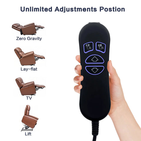 Hand holding 4 Button 5 Pin Prong USB Backlit Handheld Remote For Lift Chairs And Power Recliners, Compatible With Okin Limoss Kaidi Mulin FBS And Other Chair Motors, Built In USB Phone Charging, Ergonomic Grip with chair position icons