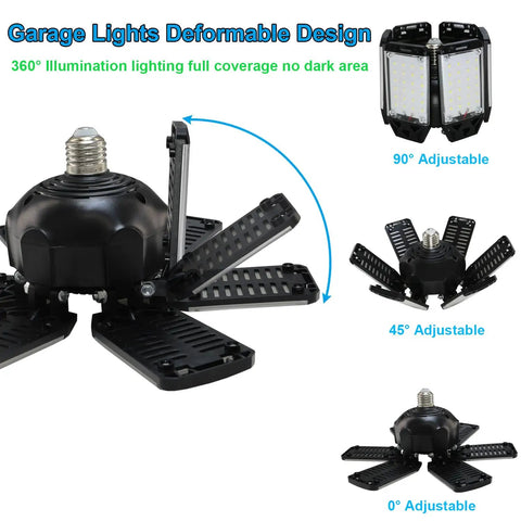 Two Pack 160W LED Shop Light With 6+1 Adjustable Panels, showing 360° adjustable panels for basements, garages, workshops