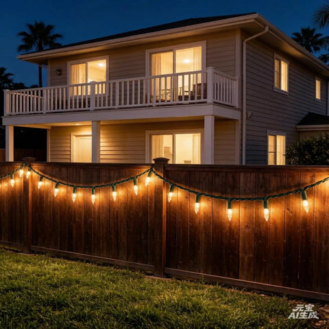 100 LED Warm White Christmas String Lights With 35 Ft White Wire on fence at night