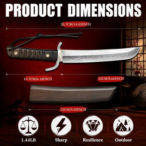 Product dimensions of Fixed Blade Tanto Knife With Full Tang Build, Rugged Hunting And Bushcraft Knife, wooden sheath, and handle.