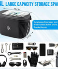 Bike Handlebar Insulated Cooler Bag With Front Phone Pouch And TPU Touch Screen showing large 4L capacity with storage items