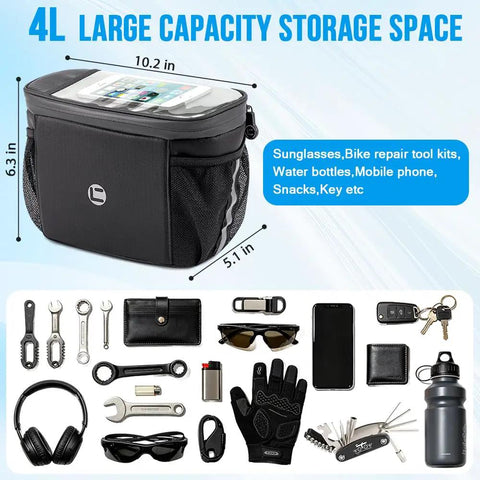 Bike Handlebar Insulated Cooler Bag With Front Phone Pouch And TPU Touch Screen showing large 4L capacity with storage items