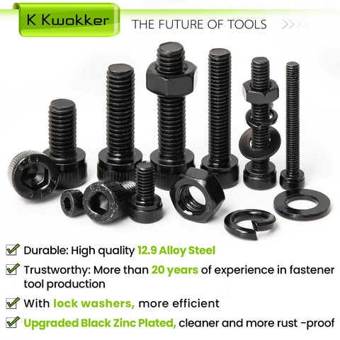 1160Pcs Metric Bolts And Nuts Kit With M3 M4 M5 M6 Hex Socket Head Cap Screws, 12.9 Alloy Steel, Zinc Plated, With Lock Washers