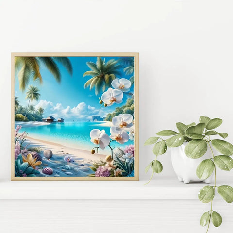 Tropical Beach Diamond Painting Kit For Adults 5D Full Drill Diamond Art For Beginners DIY Fun Gem Painting Dot Art Summer Ocean