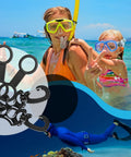 Woman and child snorkeling with 8 Piece Scuba Hose Clips And Silicone Snorkel Keeper Locks Kit For Regulators Masks Snorkels And BCD Gear Universal Plastic Attachments With Snap Hooks Retainer Accessories For Easy Dive Setup.