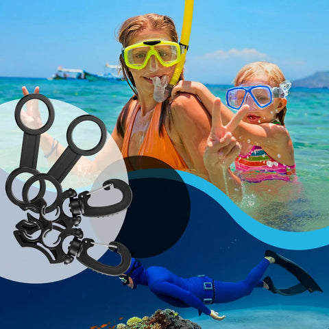 Woman and child snorkeling with 8 Piece Scuba Hose Clips And Silicone Snorkel Keeper Locks Kit For Regulators Masks Snorkels And BCD Gear Universal Plastic Attachments With Snap Hooks Retainer Accessories For Easy Dive Setup.