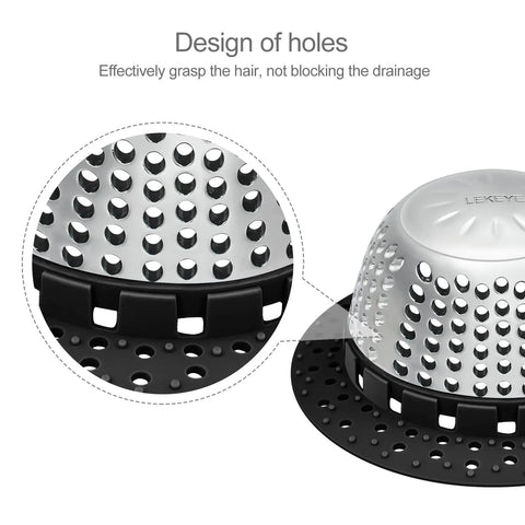 Design of holes in heavy duty shower drain hair catcher for effective hair grasping fits standard tub drains.