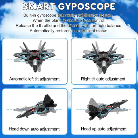 Smart gyroscope controls on Dual Mode RC Airplane Toy With Watch Remote 2025 Fighter Jet, showing tilt adjustments and stability system.