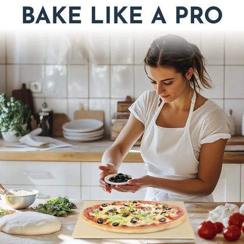 Woman in a kitchen prepping pizza on Game Changing Pizza Stone Set For Oven And Grill 15 By 12 Inches Three Piece Baking Stones.