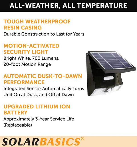 Diagram of Two Pack Solar Security Lights With Motion Sensor, Waterproof Outdoor LED 700 Lumen, highlighting features and black finish.