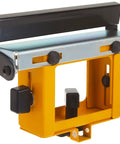 Built Tough Miter Saw Workpiece Stop And Adjustable Rail Support With Quick Release Flip Up Design For Rock Solid Cutting Stability and Serious Tradesman Shop Gear, yellow and black.
