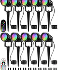 10-Pack 12W RGB Low Voltage Landscape Lights With Remote Control, Die-Cast Aluminum, Waterproof Garden Spotlight Kit
