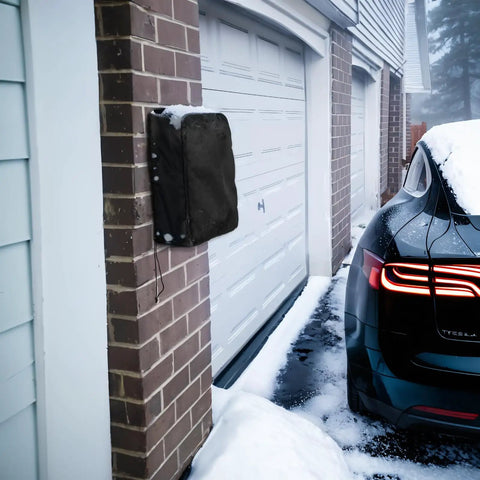 Hella Tough Weatherproof Electric Vehicle Charger Cover For Tesla Wall Connector Level 2 Charging Station, snowy outdoor setting.