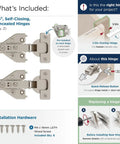 Heavy Duty Euro Concealed Cabinet Hinges Pair With Self Closing Soft Close Mechanism Half Inch Overlay Face Frame Assembly visible with installation hardware.