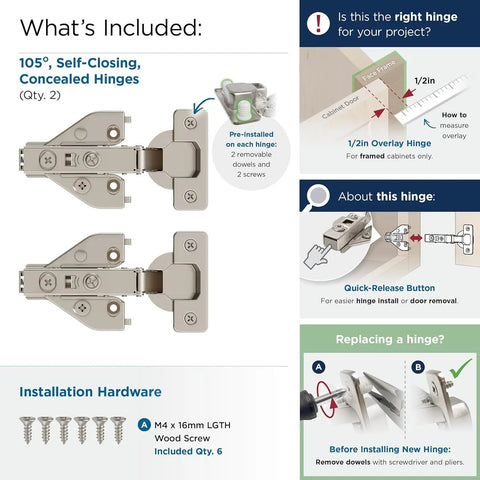 Heavy Duty Euro Concealed Cabinet Hinges Pair With Self Closing Soft Close Mechanism Half Inch Overlay Face Frame Assembly visible with installation hardware.