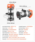 Heavy Duty Rock Solid 1 HP Wood Router 710W Variable Speed Palm Router with fixed base and collet details.
