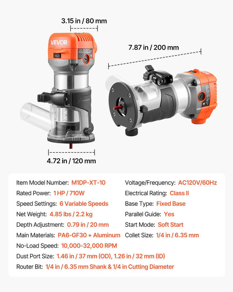 Heavy Duty Rock Solid 1 HP Wood Router 710W Variable Speed Palm Router with fixed base and collet details.