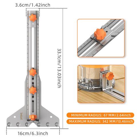 Heavy Duty Stainless Steel Router Circle Cutting Jig With Adjustable Depth And Universal Fit For Most Dust Covers Delivers Knockout Precision On Woodworking Projects Dang Simple Setup dimensions and adjustment details