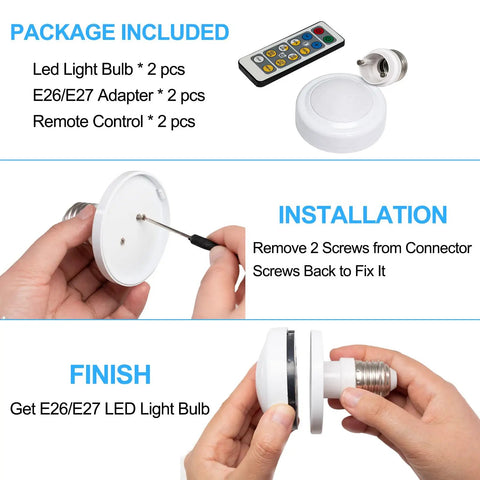 Two Pack Battery Operated LED Light Bulbs With Remote Control Dimmable Timer E26 Screw In Puck Lights installation steps
