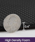 Side view of black Cushioned Anti Fatigue Kitchen Floor Mat 23x59 Inch Wide Runner Rug With Memory Foam Padding Waterproof Design showing 0.4 inch thickness with coin comparison.