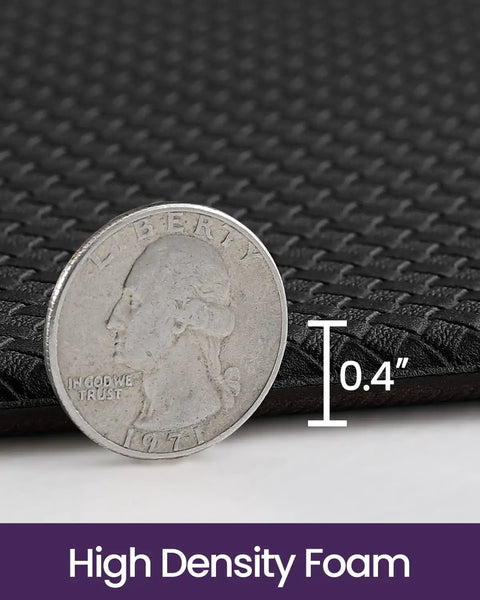 Side view of black Cushioned Anti Fatigue Kitchen Floor Mat 23x59 Inch Wide Runner Rug With Memory Foam Padding Waterproof Design showing 0.4 inch thickness with coin comparison.