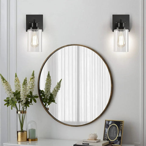 Plug In Rustic Wall Sconces Set Of 2 Modern Vanity Lights with glass shades and black finish above round mirror in bathroom