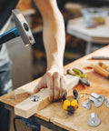 Person using Dowel And Tenon Transfer Plugs Set For Woodworking 20 Pcs Doweling Centering Pins on wooden plank with tools nearby