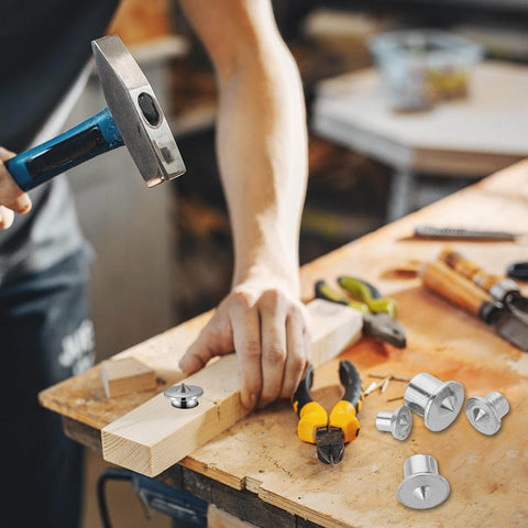 Person using Dowel And Tenon Transfer Plugs Set For Woodworking 20 Pcs Doweling Centering Pins on wooden plank with tools nearby