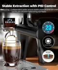 Straight Fire Dual Boiler Espresso Machine With Integrated Grinder And 58Mm Portafilter For Semi Auto Brews Smart TFT Display showing espresso extraction with PID control and 20-bar pressure.
