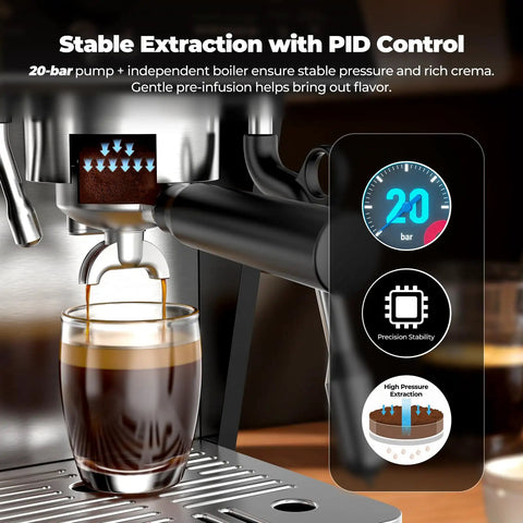 Straight Fire Dual Boiler Espresso Machine With Integrated Grinder And 58Mm Portafilter For Semi Auto Brews Smart TFT Display showing espresso extraction with PID control and 20-bar pressure.