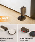 Premium Retractable Magnetic Door Stopper With Adjustable 0.4 Inch Base showcases adhesive and screw installation options.