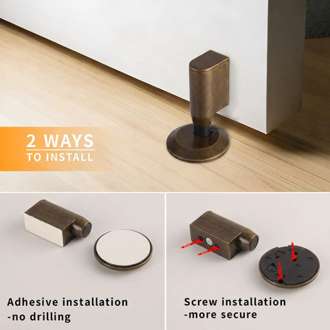 Premium Retractable Magnetic Door Stopper With Adjustable 0.4 Inch Base showcases adhesive and screw installation options.