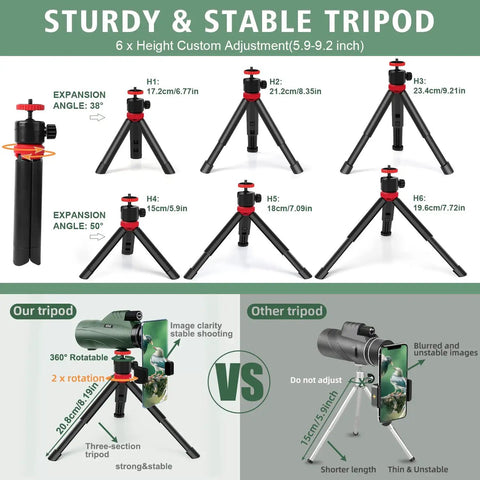 Comparison of sturdy tripod included with 12x56 High Power Monocular Telescope For Adults With Smartphone Adapter Tripod Travel Bag.