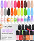 Airbrush Gel Nail Polish Set With 24 Hema-Free Non-Acetone Colors For Gradients And Layered Nail Art, displayed bottles and swatches