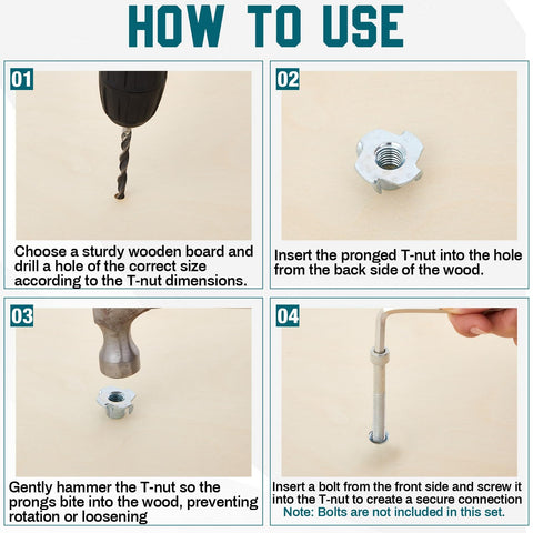 Step-by-step guide on using 3/8-16 Inch Tee Nuts 4 Prong Zinc Plated Steel Beefy 7/16 Inch Barrel Length Corrosion Resistant for wood.