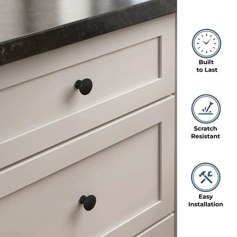 Fulton Matte Black Round Cabinet Knobs 1-3/16 Inch Easy Install Durable Hardware for kitchen drawers shown on cabinet