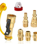 Propane Quick Connect Fittings 7 Piece Kit for Low Pressure Gas Appliances Like RV Heaters Grills Fire Pits Brass Full Flow With Shutoff Valve NPT Flare Adapters and Quick Connect Plugs displayed.